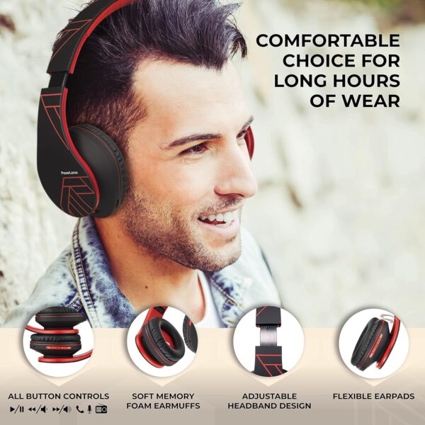 PowerLocus Bluetooth Over-Ear Headphones, Wireless Stereo Foldable Headphones Wireless and Wired Headsets with Built-in Mic, Micro SD/TF, FM for iPhone/Samsung/iPad/PC (Black/Red) - Image 2