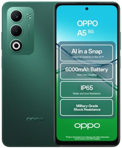 OPPO A5 5G 6.67″ 4GB RAM 128GB Storage MediaTek Dimensity 6300 HD+ 1604 x 720 Pixels ColorOS Smartphone – CPH2735-BlackGreen