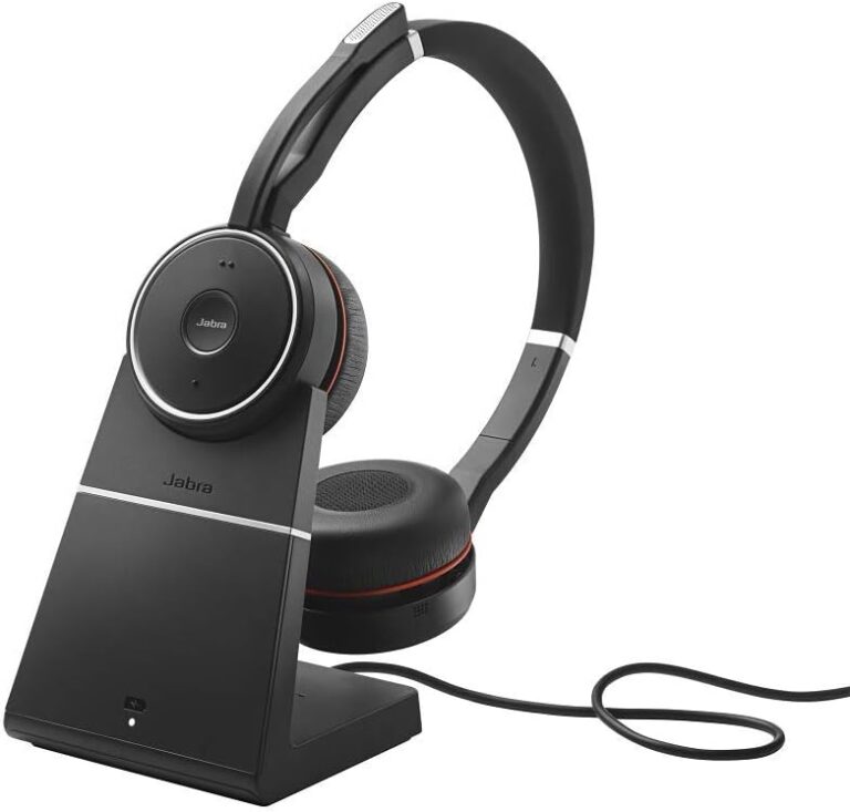 Jabra Evolve 75 UC Wireless Stereo On-Ear Headset – Unified Communications Optimised Headphones With Long-Lasting Battery and Charging Stand – USB Bluetooth Adapter – Black