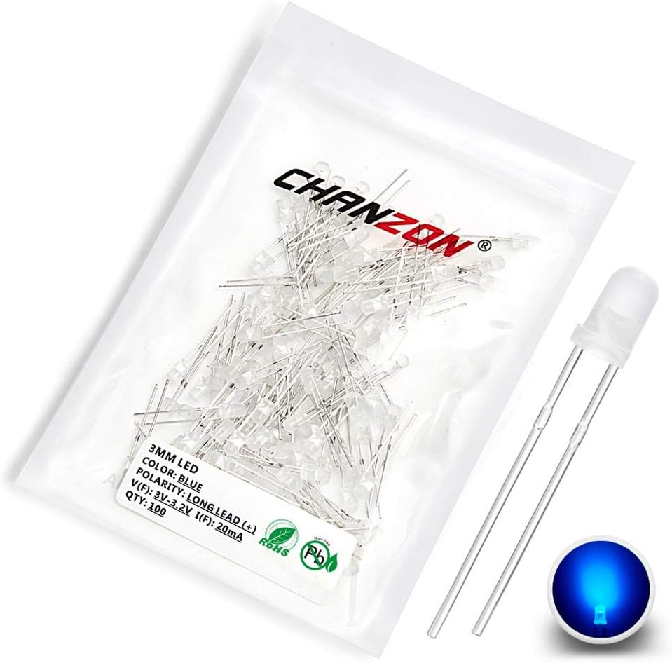 Chanzon 100 pcs 3mm Blue LED Diode Lights (Diffused Round DC 3V 20mA) Lighting Bulb Lamps Electronics Components Light Emitting Diodes