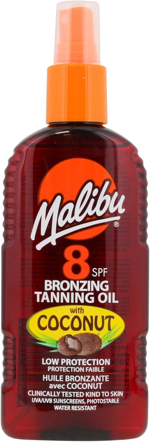 Malibu Sun SPF 8 Bronzing Tanning Oil, Water Resistant, Coconut Scented, 200ml