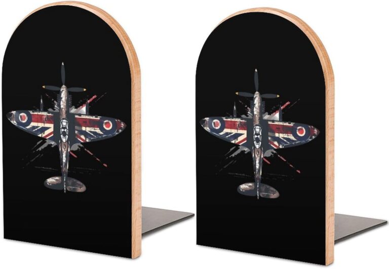 WW2 Spitfire Iconic British Airplane Distressed UK Jack Flag Wood Bookends Non-Skid Book Stand Book Ends Book Holders Book Stopper for Home Office