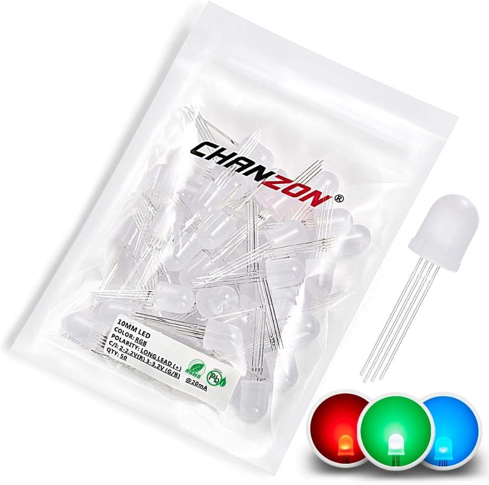 Chanzon 50 pcs 10mm RGB Tricolor LED Diode Lights (Diffused Round Multicolor Red Green Blue 4 pin Common Anode DC 20mA/Color) Lighting Bulb Lamps Electronics Components Light Emitting Diodes