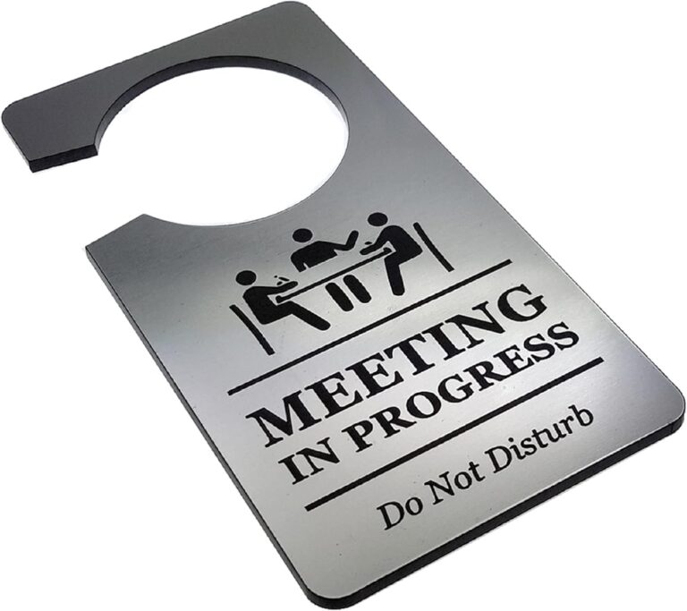 Meeting in Progress Do Not Disturb – Room or Door Hanger Sign made in Silver Material – for use in Business, Corporate, Home Office, Hotels, Workplace. UK Based