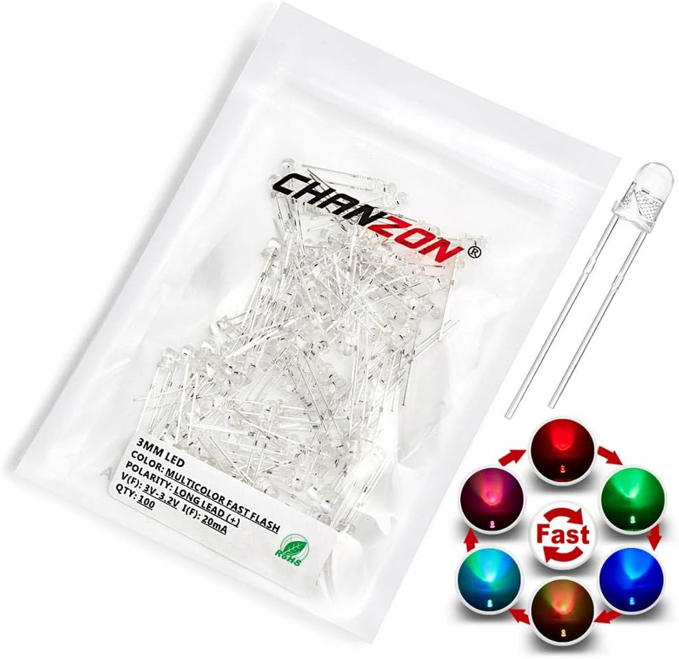 Chanzon 100 pcs 3mm RGB Multicolor Fast Flashing (Multi Color Changing) Dynamics LED Diode Lights (Blinking Round DC) Bright Lighting Bulb Lamps Electronics Components Filcker Light Emitting Diodes