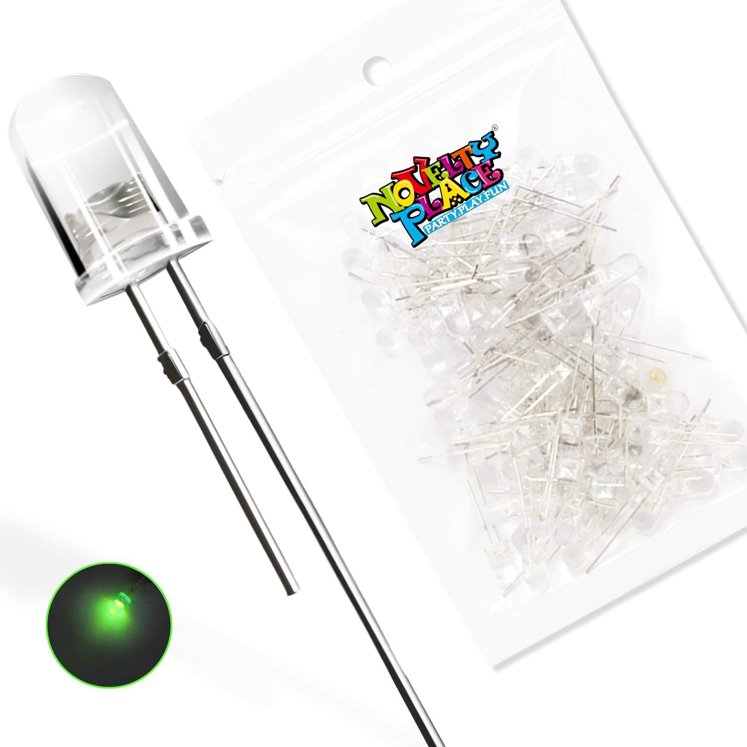 NOVELTY PLACE 5mm Green LED Diode Lights, Pack of 100 Clear DC 3V 20mA LED Bulbs for Home DIY Science Projects Electronic Components Lights