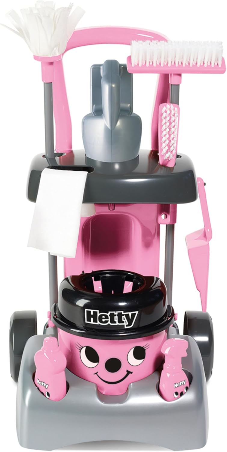 Casdon Henry & Hetty Toys – Hetty Deluxe Cleaning Trolley – Pink Hetty-Inspired Toy Playset with Working Hand Vacuum – Kids Cleaning Trolley Set with Accessories – For Children Aged 3+