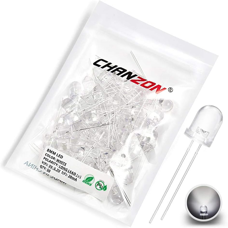 Chanzon 50 pcs 8mm White LED Diode Lights (Clear Round Transparent DC 3V 20mA) High Intensity Super Bright Lighting Bulb Lamps Electronics Components Light Emitting Diodes