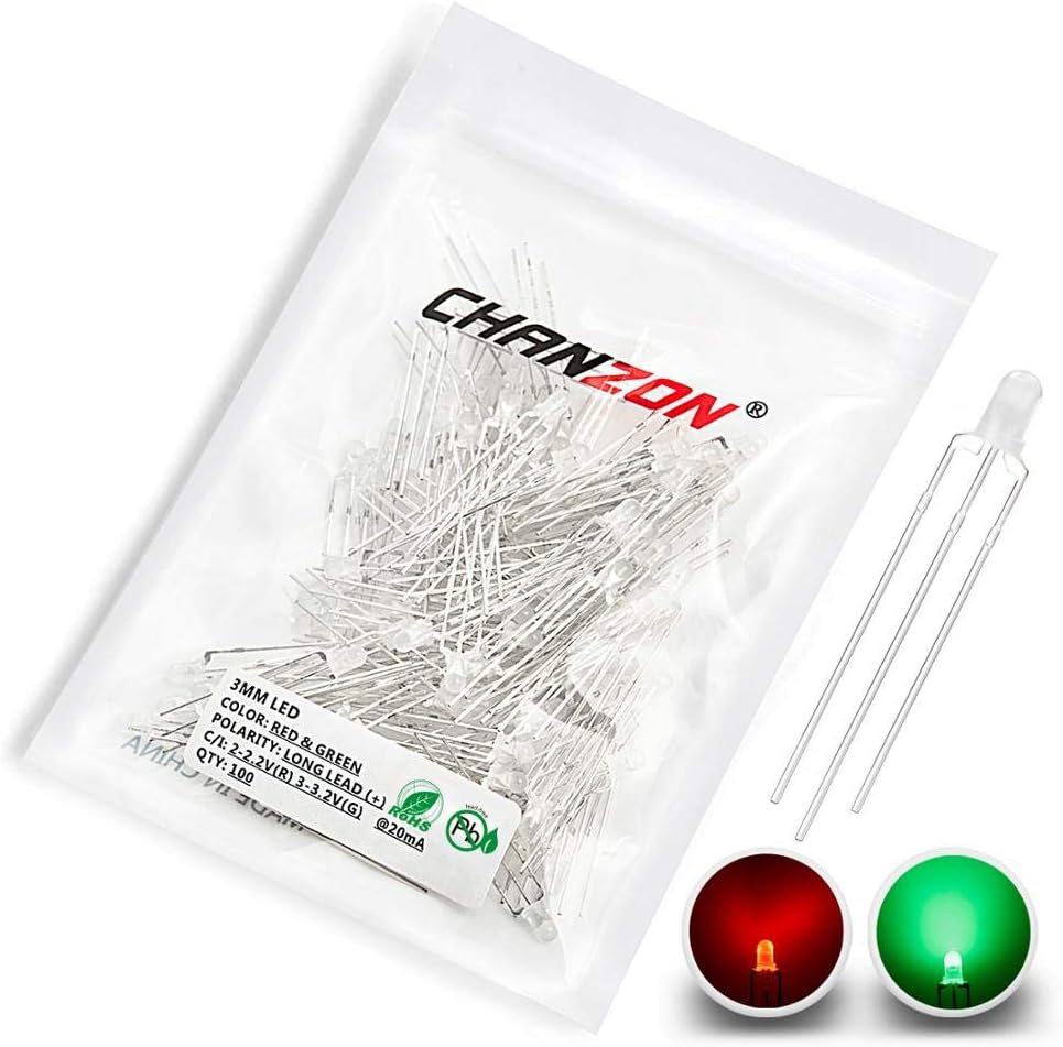 Chanzon 100 pcs 3mm Red & Green LED Diode Lights (Bicolor Common Anode Diffused Round) Lighting Bulb Lamps Electronics Components Light Emitting Diodes