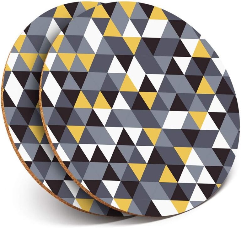 2 x Round Coasters – Yellow Grey Black Triangle Pattern – Cork Backed Home Kitchen Accessory Tea Coffee Mug Mat #24585