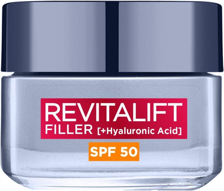 L’Oréal Paris Revitalift Filler Deep Replumping Anti-Ageing SPF50 Cream, UV Protection, Moisturising, Intensely Hydrates and Smooth Wrinkles with Macro, Micro and Micro-Epidermic Hyaluronic Acid, 50ml
