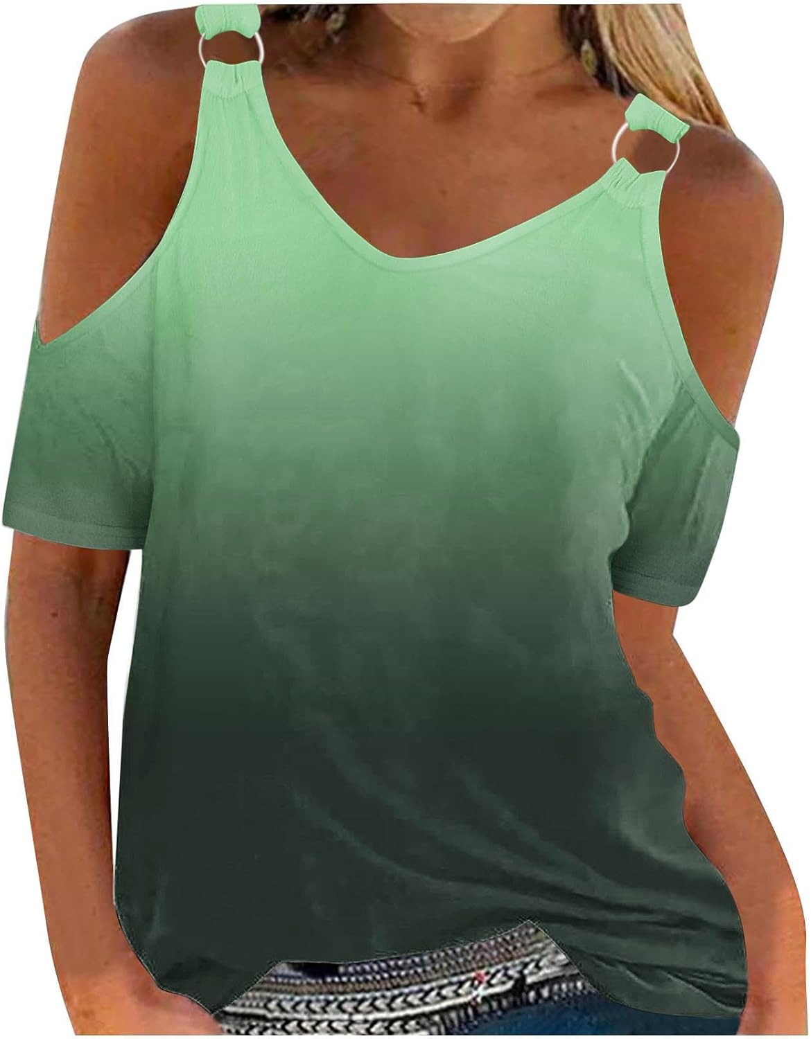 Women Shirts Sales Fashion Cold Shoulder T-Shirts V-Neck Short Sleeve Blouse Tie-Dye Printed Tees Shirts Casual Loose Fit Tees Summer Tunic Tops Party Holiday Blouse