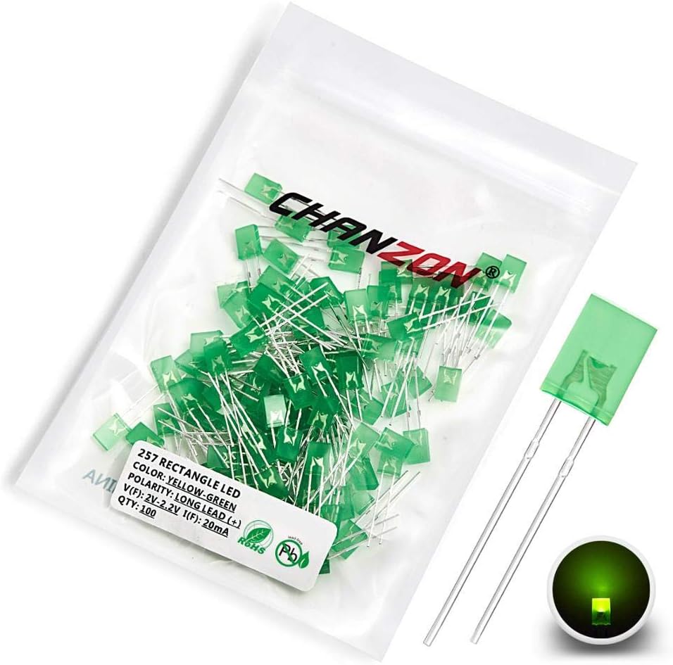 Chanzon 100 pcs 2x5x7 mm Yellow-Green LED Diode Lights (Square Rectangle Colored Lens Diffused DC 2V 20mA) Lighting Bulb Lamps Electronics Components Light Emitting Diodes