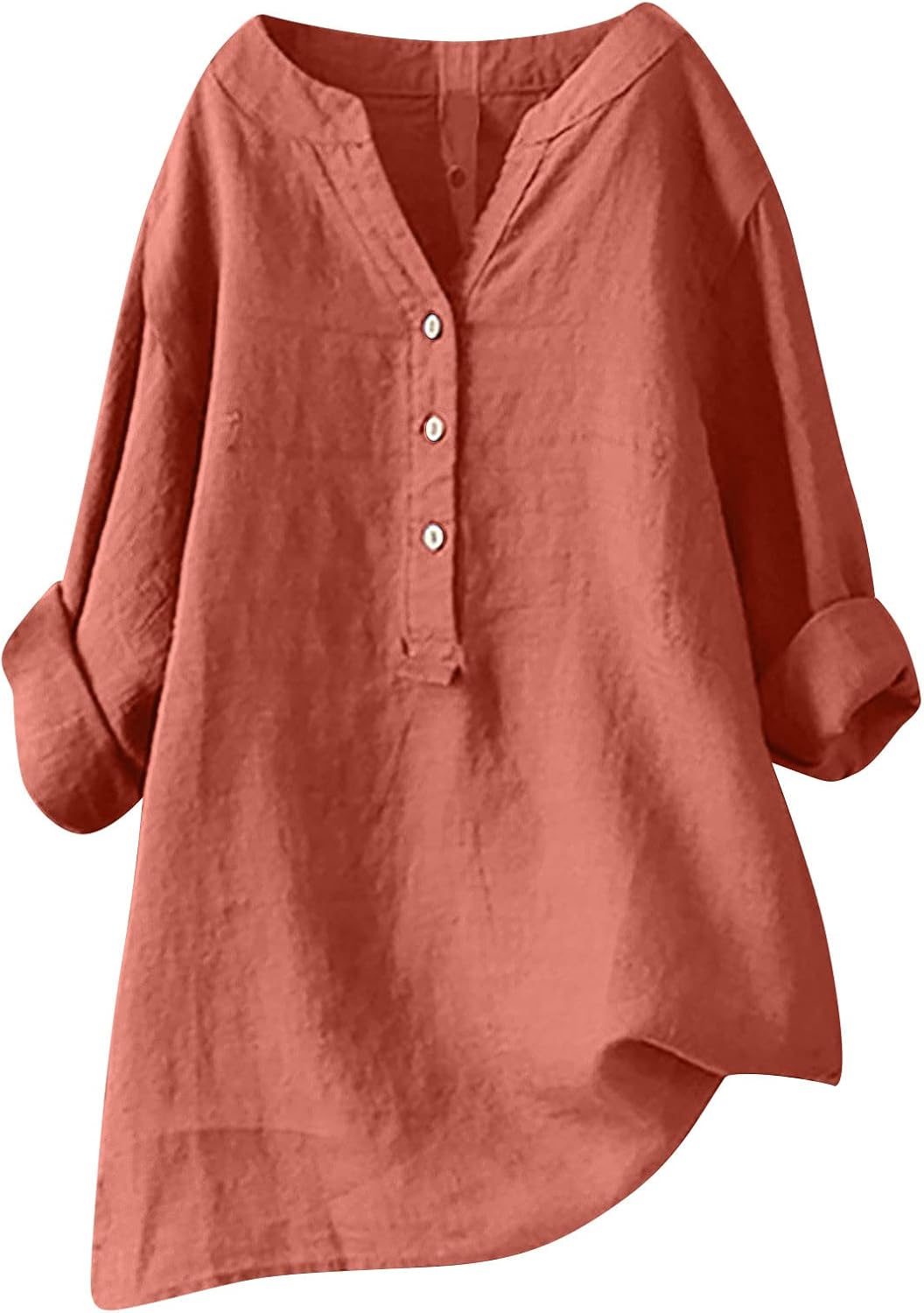 Oversize Loose Cotton Linen Tops for Women, Comfort Summer Long Sleeve Blouse, Casual Button V-Neck Long Shirts