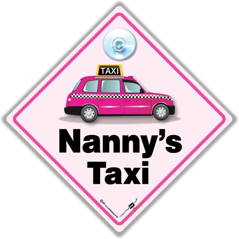 Nanny’s TAXI Sign, Nanny’s Taxi Car Sign, Suction Cup Nanny’s Taxi Sign, Pink London Black Taxi Cab Sign 14cm x 14cm