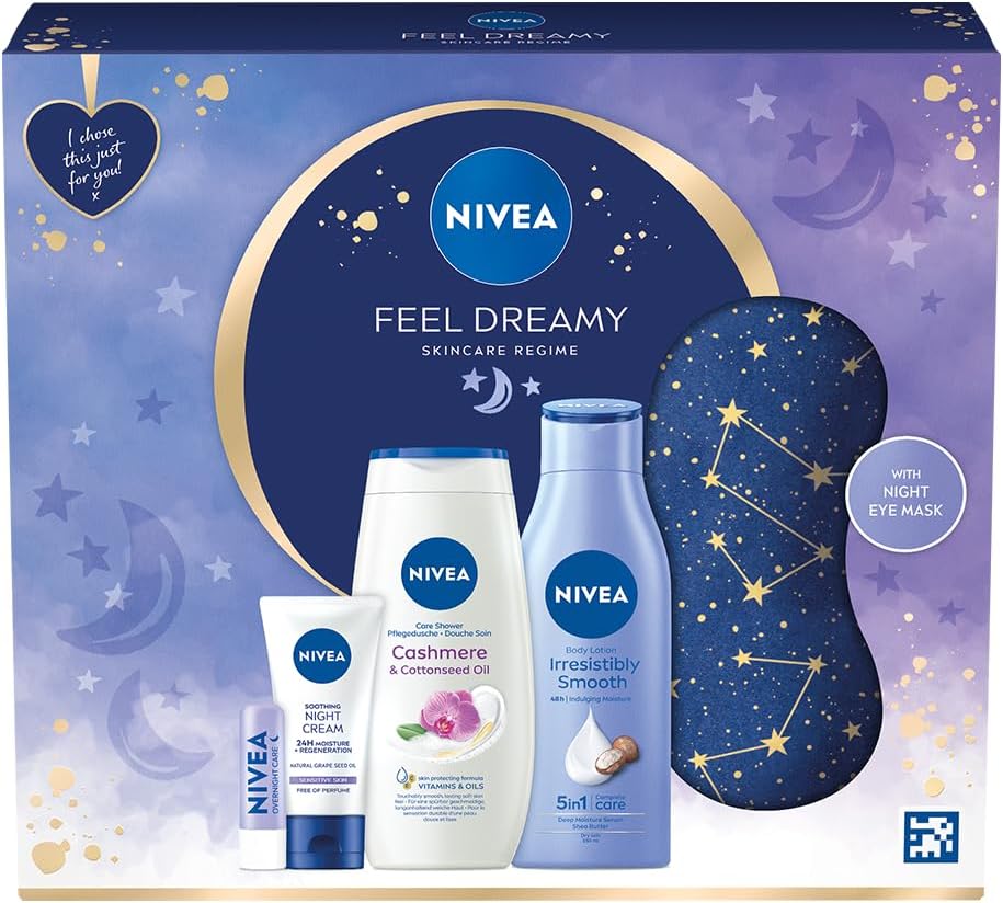 NIVEA Feel Dreamy Skincare Regime Gift Set, Women’s Gift Set Includes Shower Cream, Body Lotion, Night Cream, Lip Balm, and Eye Mask, Beauty Products