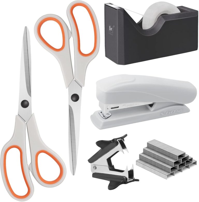 Asdirne Office Supplies Kit, Basic Style, Including Scissors, Stapler, Staples, Remover, Tape Dispenser & Tape, White and Orange