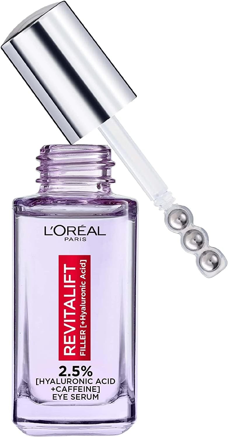 L’Oréal Paris Revitalift Hyaluronic Acid Eye Serum, 2.5% Hyaluronic Acid and Caffeine, Cooling triple bead applicator, Visibly Replumps, Brightens and De-Puffs Eyes, Validated by Dermatologists – 20ml