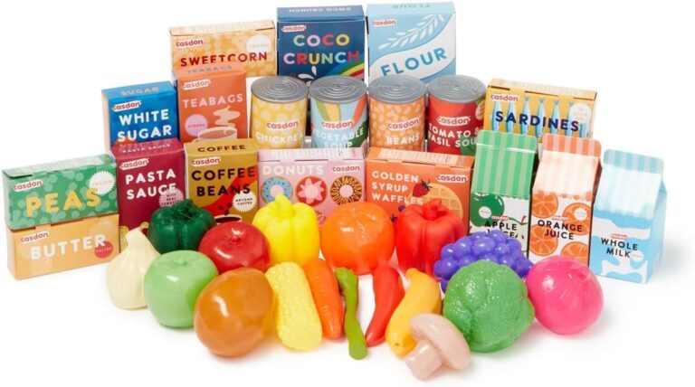 Casdon Grocery Set Age 3+. Family Favourites Toy Grocery Set for Children Aged 2+. Features Fruits, Vegetables, Cans and More