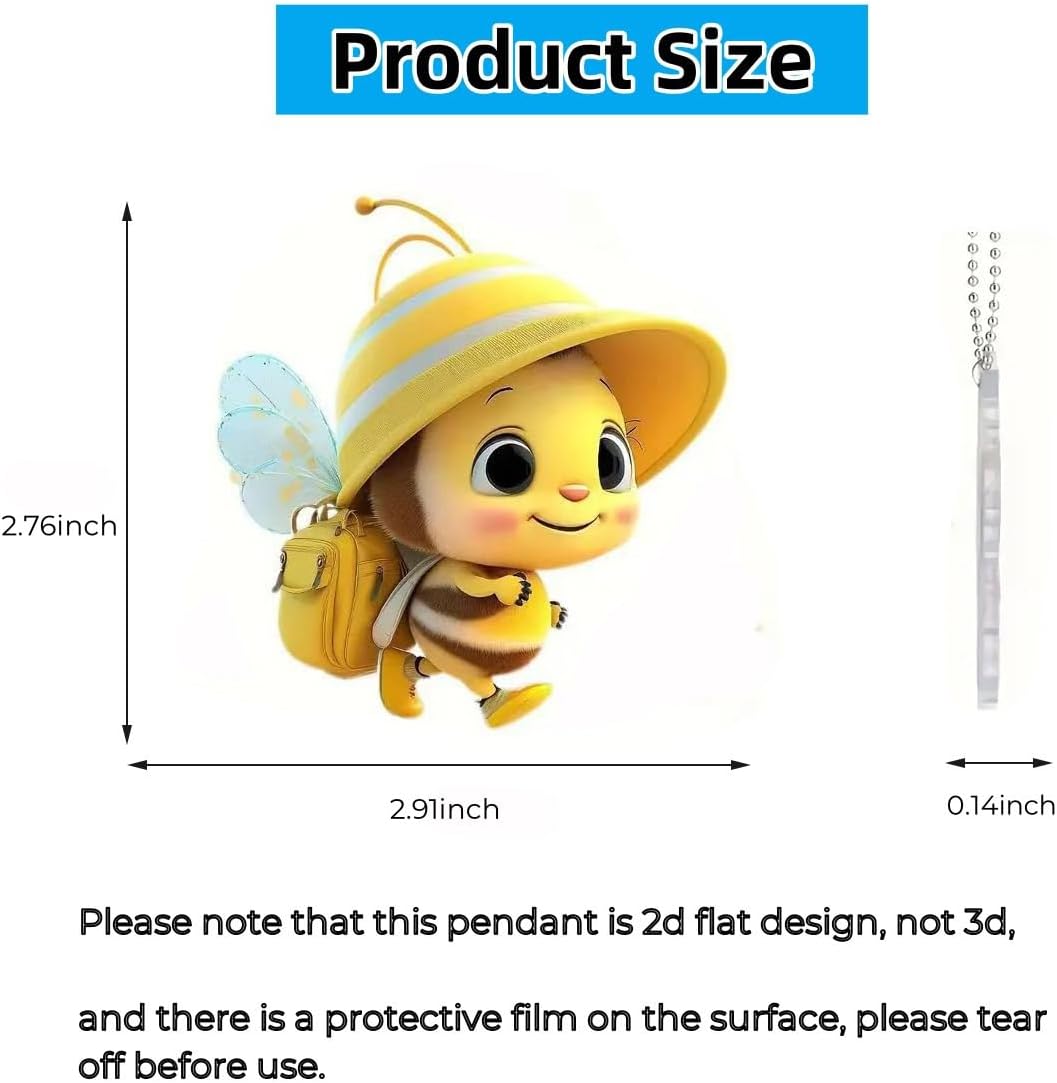 Cute Bee Car Rear View Mirror Ornament, 2D Flat Acrylic Pendant Car Hanging Accessories, Car Mirror Hanging Accessories, Car Interior Accessories Decor Present for Home Window Gift