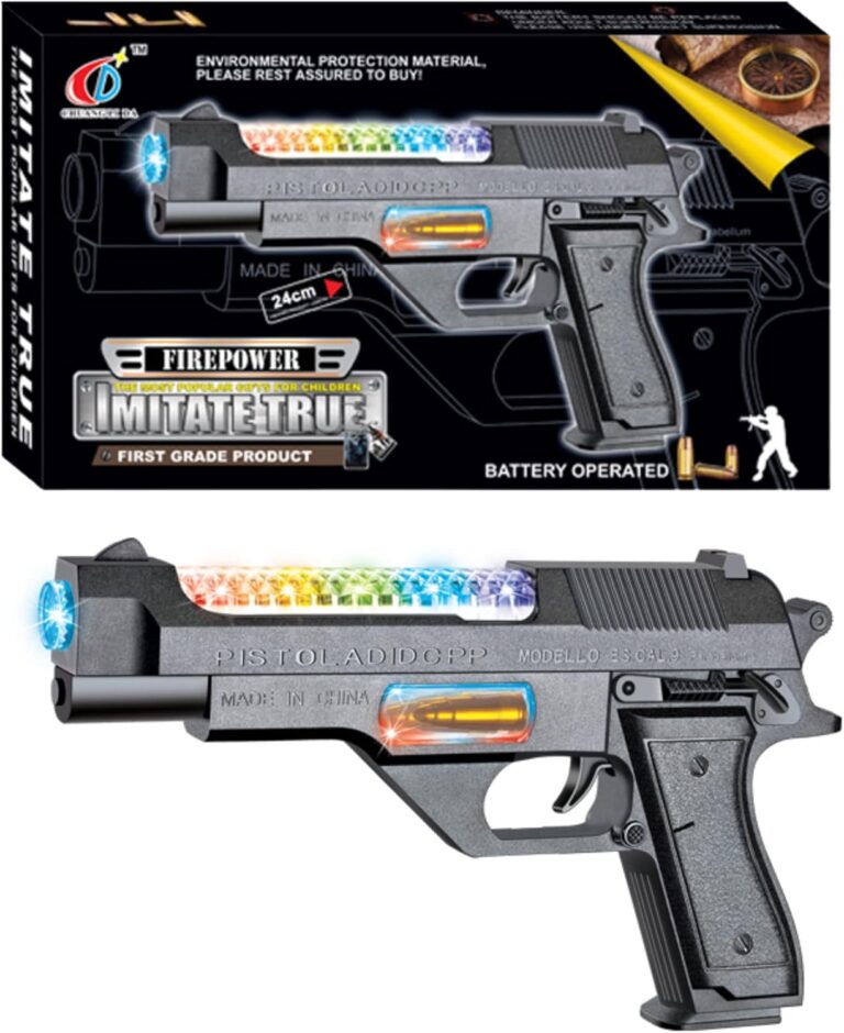 Toy Gun for kids great for Police Costume accessories, Army Soldier Military fancy dress. This durable plastic toy Gun Pistol emits machine gun like combat sounds lights and vibration for hours of fun