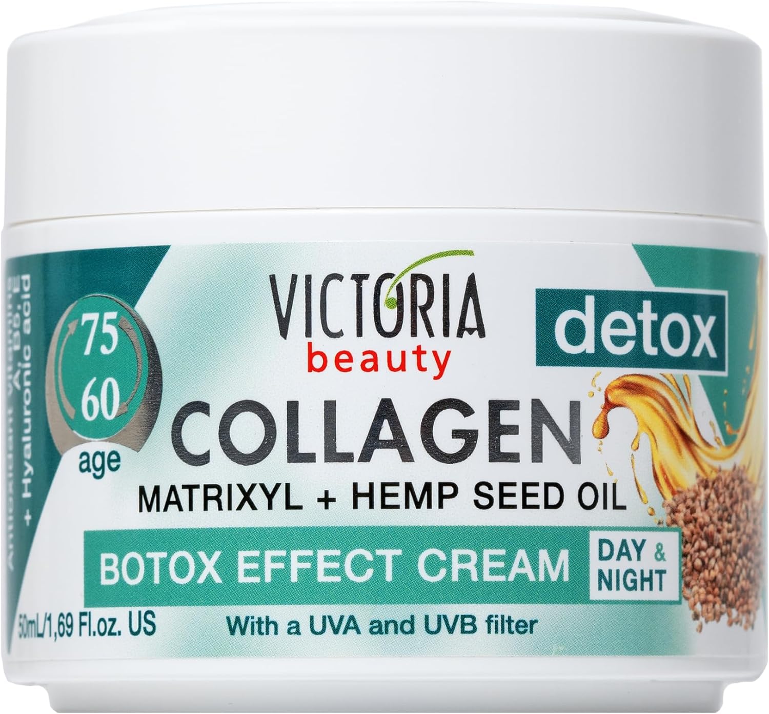 Victoria Beauty Anti Wrinkle Face Cream (Age 60-75) – Day and Night Face Moisturiser with Collagen, Hyaluronic Acid, Matrixyl, Hemp Seed Oil – UVA/UVB Filter, 50ml