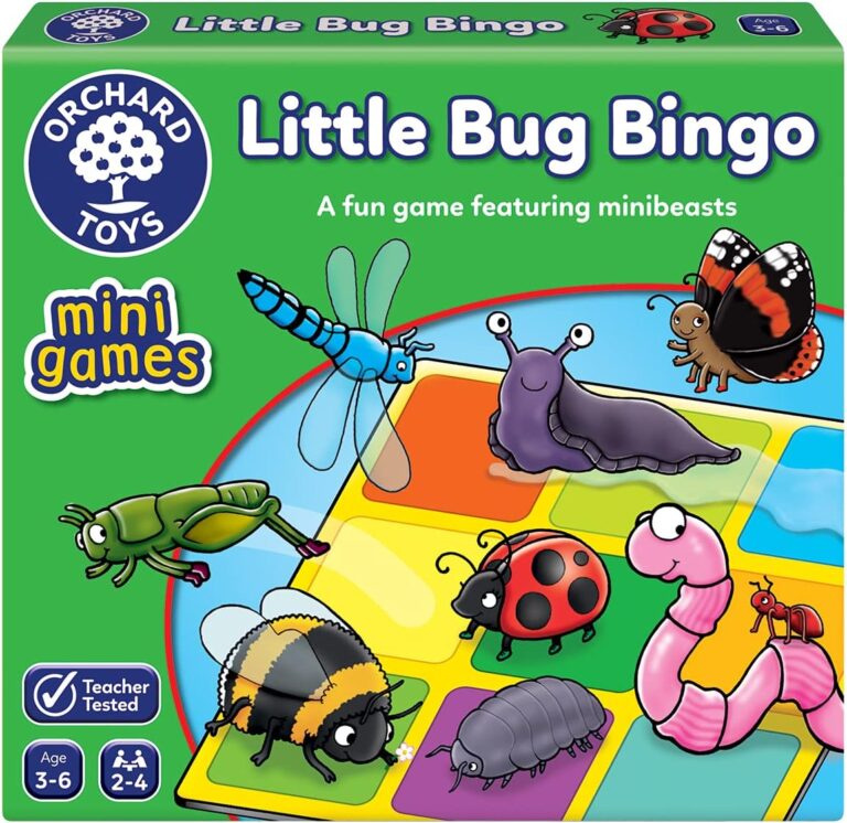 Orchard Toys Little Bug Bingo – Compact Mini Games for Boys, Girls, and Toddlers – Matching Games for Age 3+ Year Olds – Holiday Travel Games for Kids – 2-4 Players