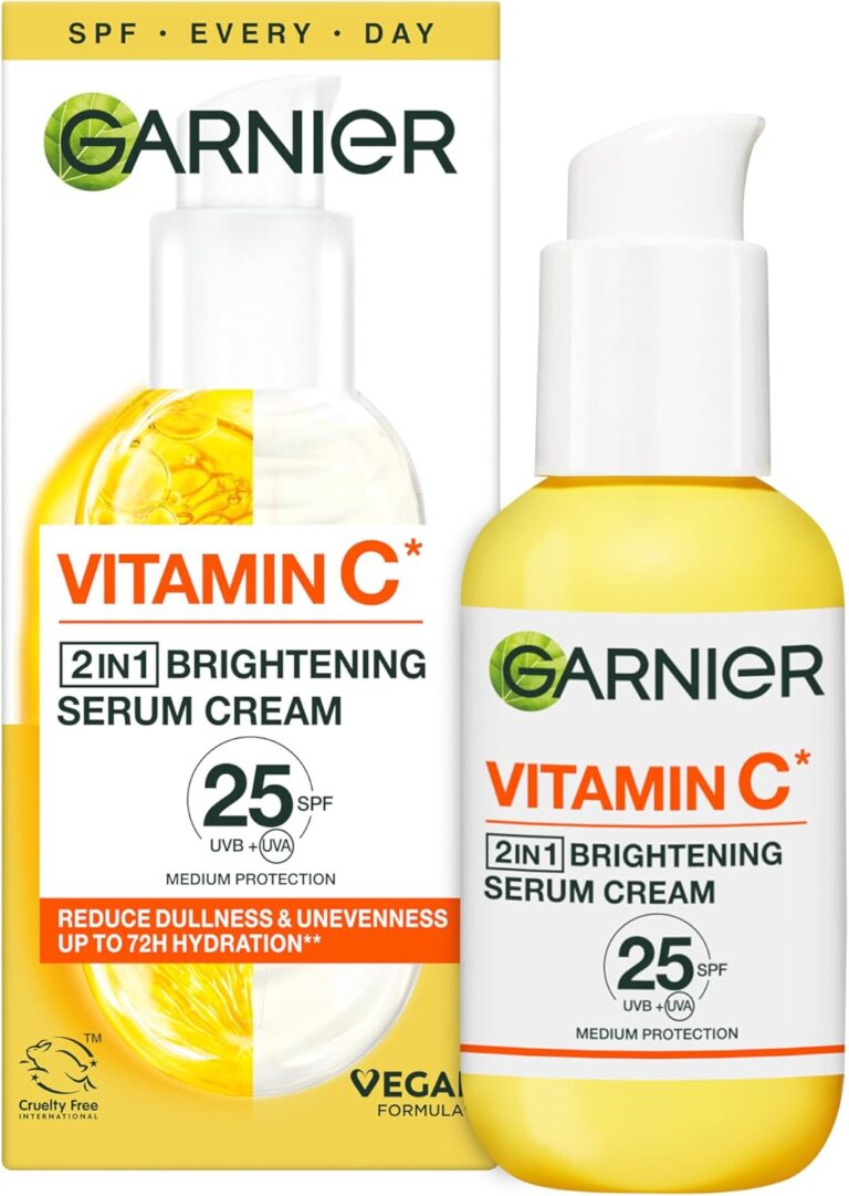 Garnier Vitamin C Serum Cream, 2in1 Formula With 20% Vitamin C serum & SPF 25 Moisturiser, Hydrate & Reveal Bright Glowing Skin, Organic & Vegan Formula, 50ml