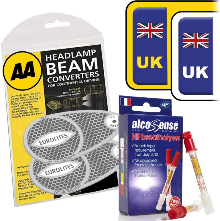 AlcoSense European Travel Kit inc NF Breathalysers + UK Stickers + AA Eurolites Headlight Deflectors for Europe | Car & Motorhome Parts for Car Trips in France, UK Number Plate GB Stickers for Europe