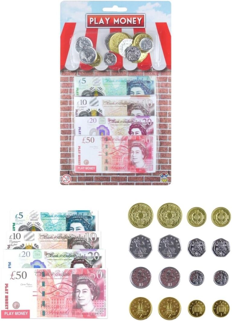 Pound Sterling Pretend Play Money Notes and Coins for Children | Fake Money UK Currency Toy Banknotes | Kids Role Play Shop Till Bank Cash, Post Office Set