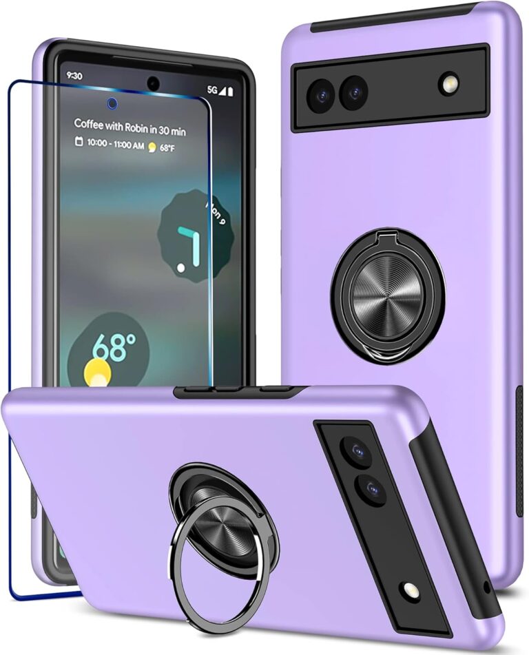 KRAFTCARE for Google Pixel 6a Case with Kickstand Ring and Screen Protector, Shockproof and Anti Scratch 360° Magnetic Ring Holder Stand Phone Cover for Google Pixel 6a – Purple