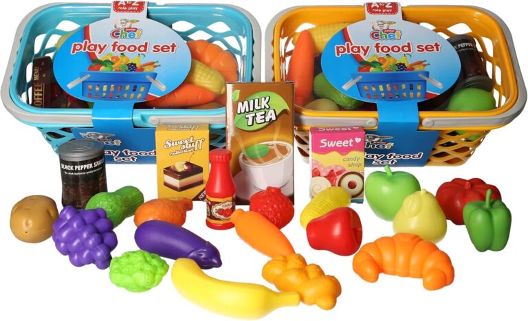 Kids Play Food Set with Shopping Baskets, 20+ Pieces, Fruits Vegetables and Groceries, Educational Pretend Kitchen Toys