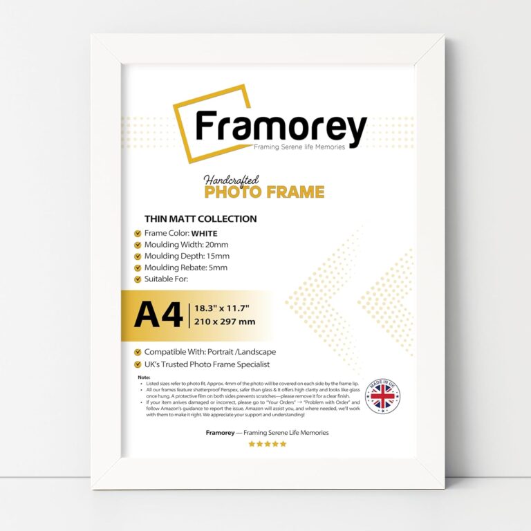 FRAMOREY A4 Photo Frame White – Thin Matt Thin Wooden Effect with Clear Perspex – Ideal for Modern Home, Gallery or Office Use in the UK