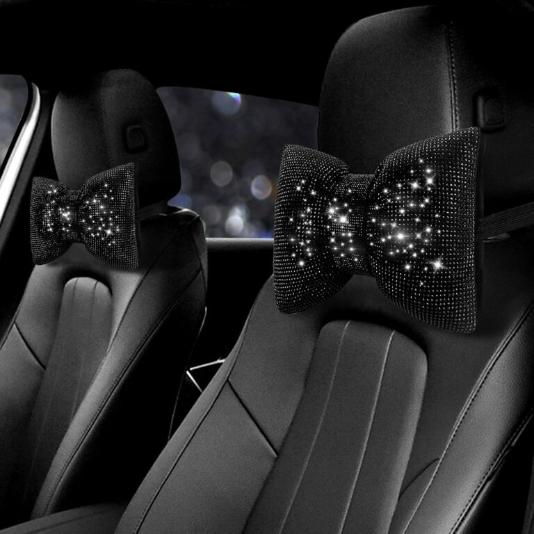 surpassme 2PCS Rhinestone Car Headrest Neck Pillow for Driving with Bling Bling Crystal Bow Pillow Car Accessories for Women (Black)