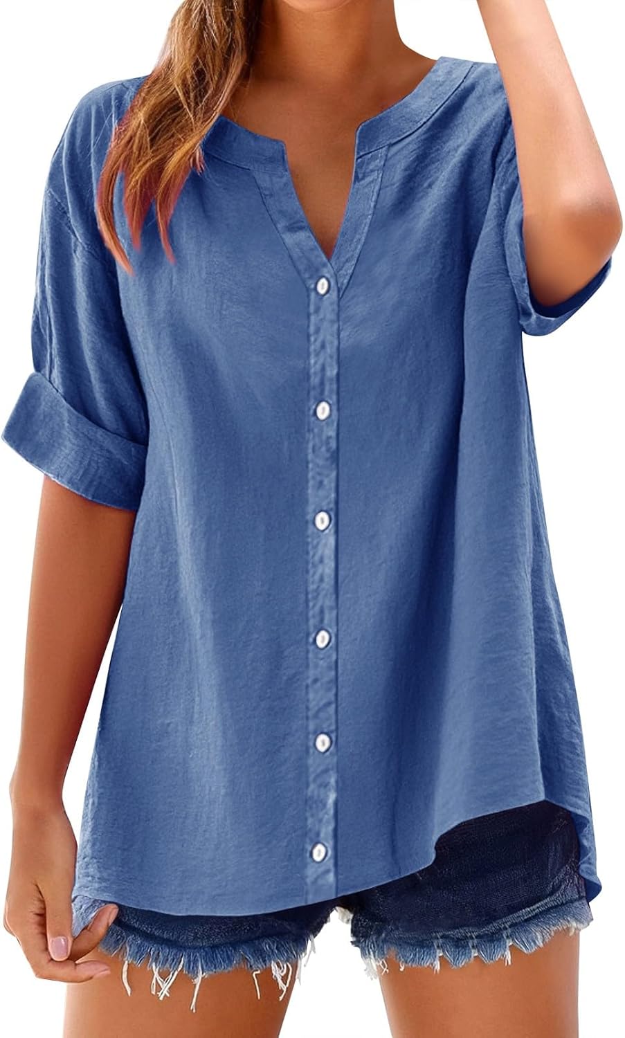 Yinguo Loose Shirt Top Stand Solid Color Sleeve Collar Casual Women’s Shirt Women’s Womens T V Neck