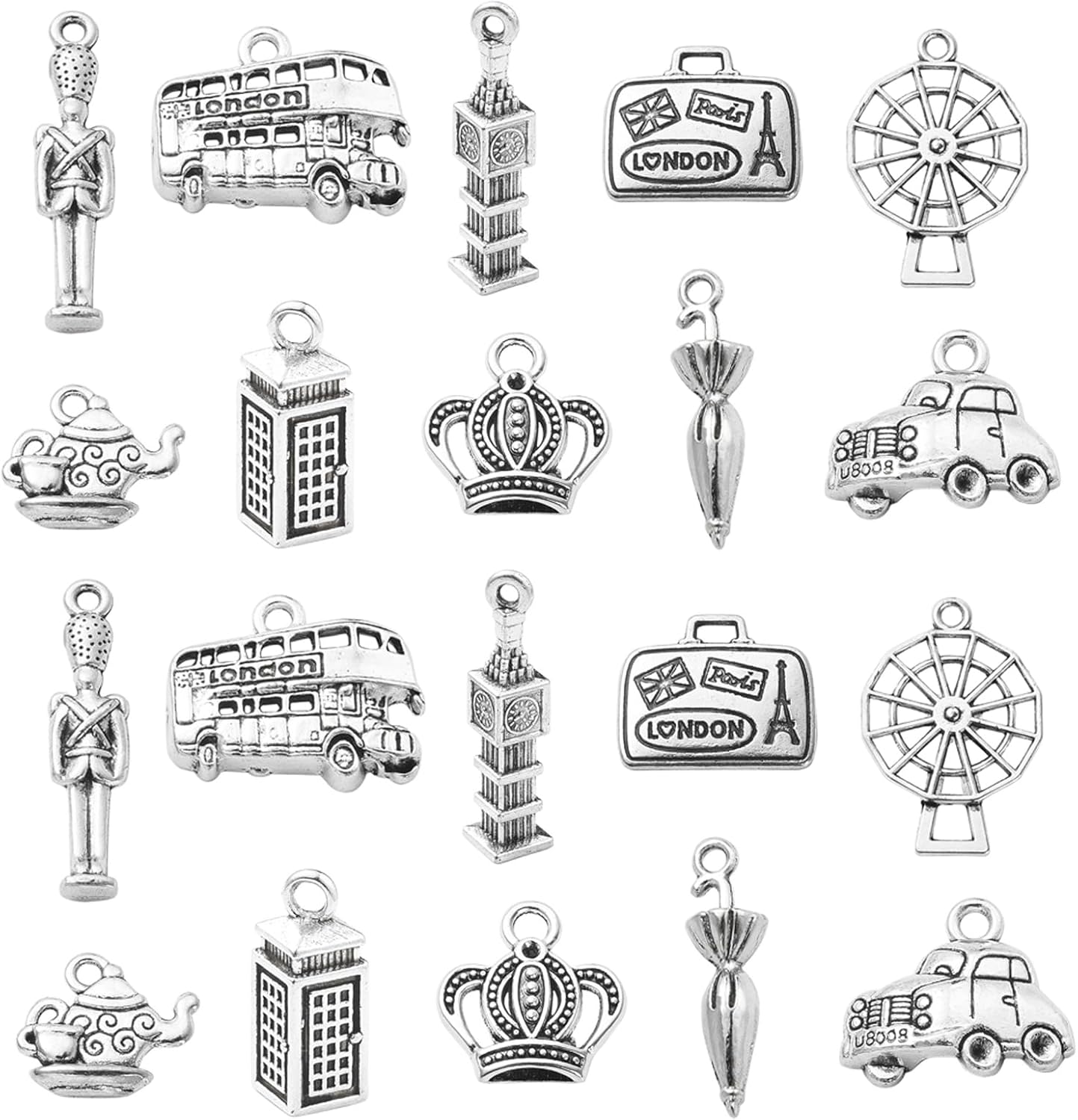 DanLingJewelry 100Pcs 10 Styles London Theme Charms – Antique Silver Big Ben Windmill Bus Car & Tibetan Travel Charms for Jewelry Making