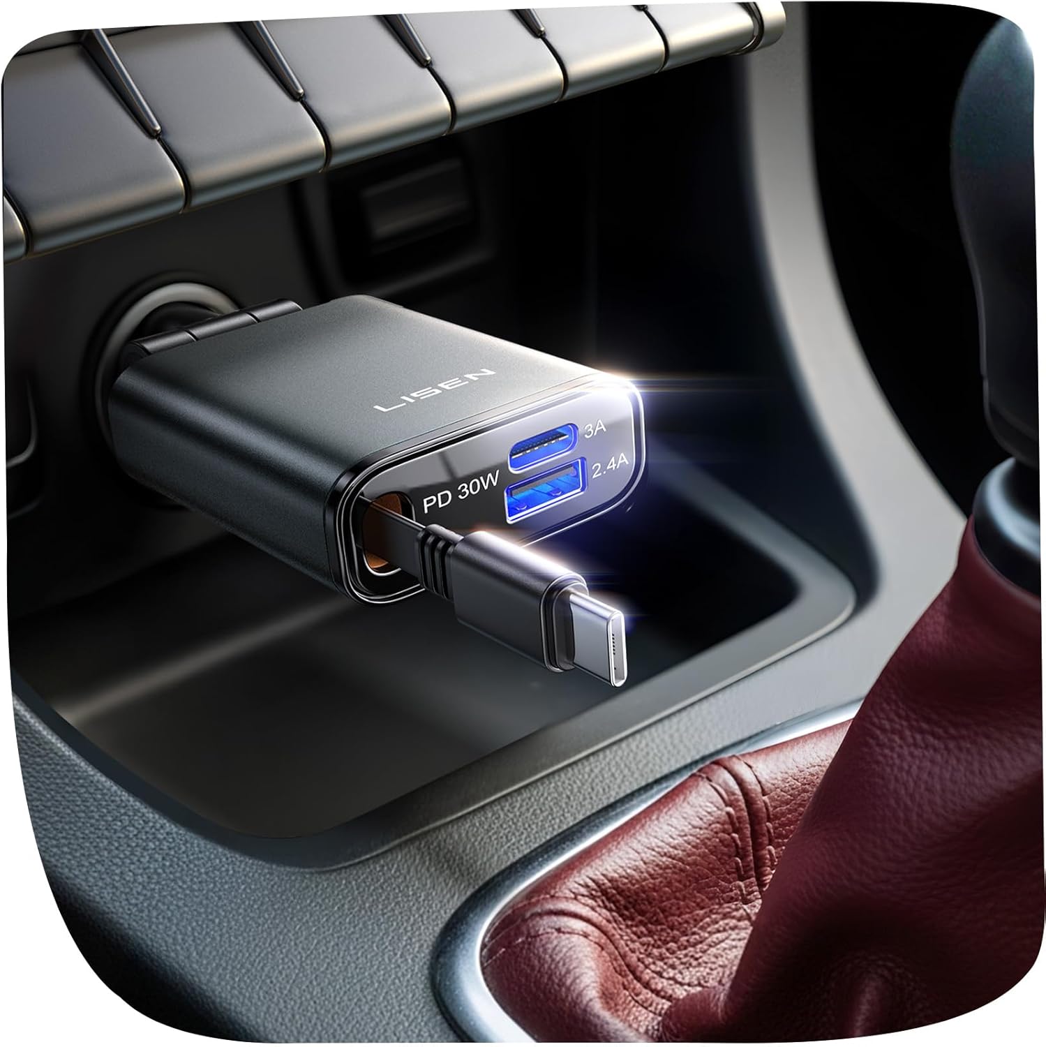 LISEN 3 in 1 Retractable Car Charger Adapter【2025 Ultra Compact】57W USB C Car Phone Charger Best Car Accessories for Men Women Super Fast Cigarette Lighter USB Charger for iPhone 16 15 Pro Max, Grey