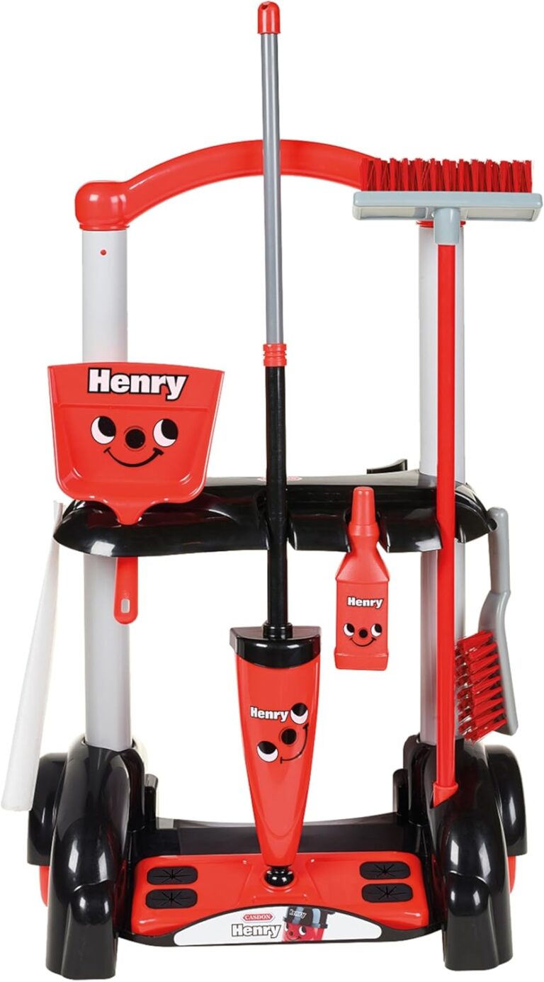 Casdon Henry Age 3+ & Hetty Toys – Henry Cleaning Trolley – Red Henry-Inspired Toy Playset with Mop, Brushes, Dustpan, & Accessories – Kids Cleaning Trolley Set – For Children Aged 3+