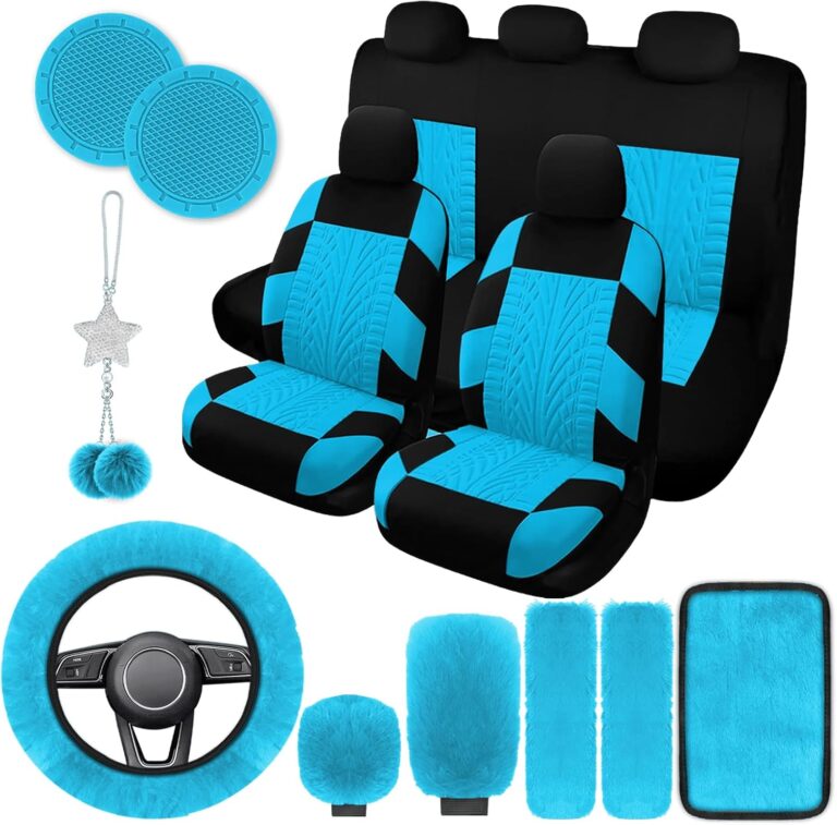 JINGSEN 17 Car Seat Cover Full Set for Women,Universal Car Seat Cover,Plush Steering Wheel Cover,Fluffy Soft Wool Handbrake Gear,Suspension Accessories Full SUV(Patterned Light Blue)