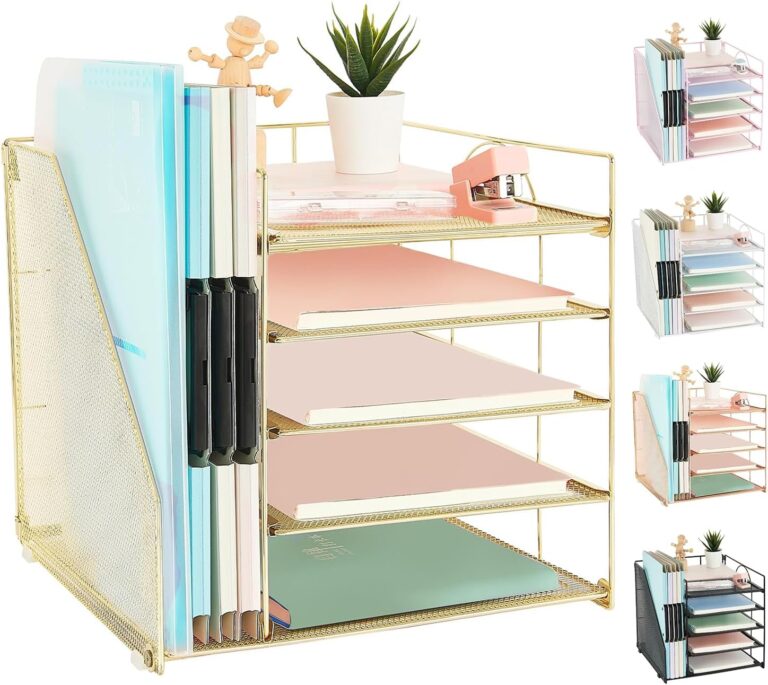 AUPSEN Desk Organizer with File Holder, 5 Trays Paper Letter Tray Organizer, Mesh Desk Organizers and Accessories for Home Office Supplies (Gold)