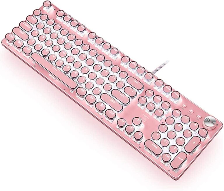Gaming Keyboard,Retro Punk Typewriter-Style, Blue Switches, White Backlight, USB Wired, for PC Laptop Desktop Computer, for Game and Office, Stylish Pink Mechanical Keyboard (Round Keycaps)
