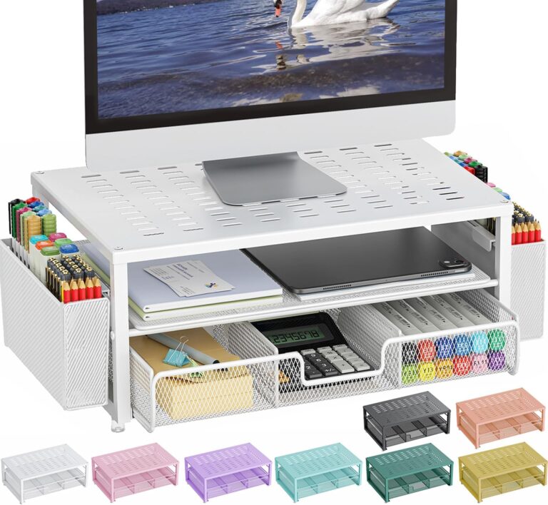 gianotter Monitor Stand Riser, Desk Organizer with Drawer and Pen Holder, 2-Tier Computer Stand, Desk Accessories & Workspace Organizers(White)