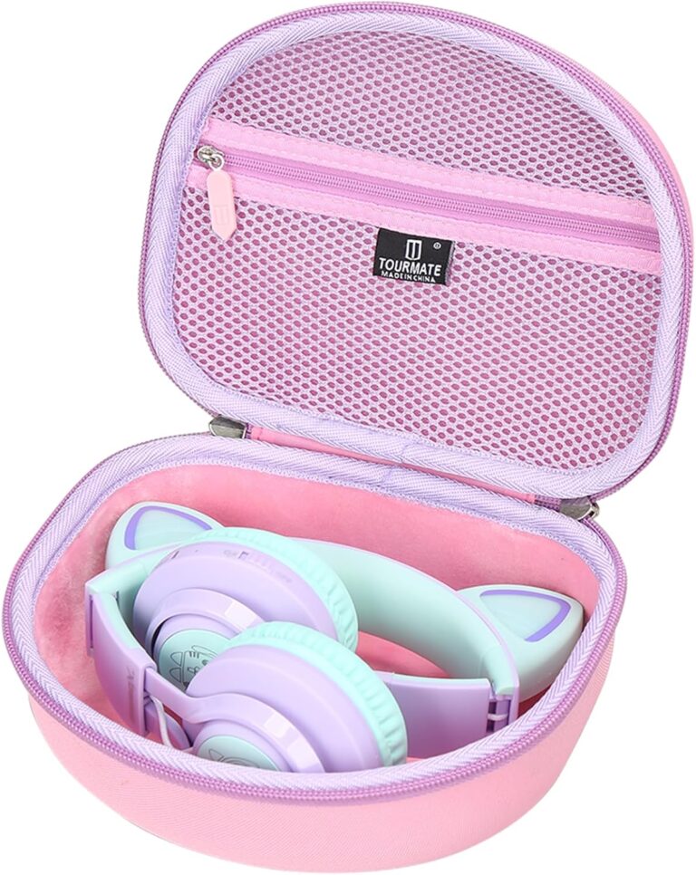 Tourmate Hard Travel Case for Riwbox CT-7 CT-7S / iClever HS01 / FosPower Cat Ear LED Light Kids Wireless Headphones, Protective Carrying Storage Bag（Box for Sale） (Purple&Pink)