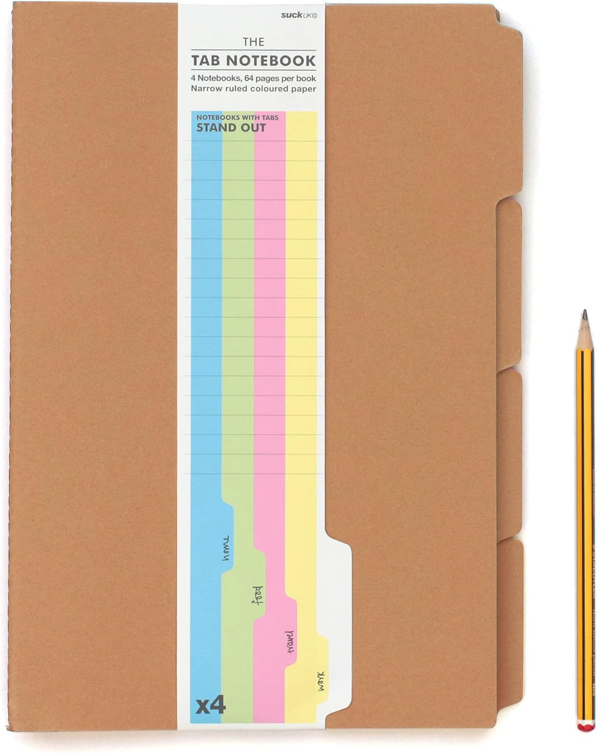 Suck UK A4 Notebook With Tabs | Revision Planner Notebook With Dividers | School & Office Accessories | To Do List or Weekly Planner | Pack of 4 Lined Paper Note Pads | Kraft