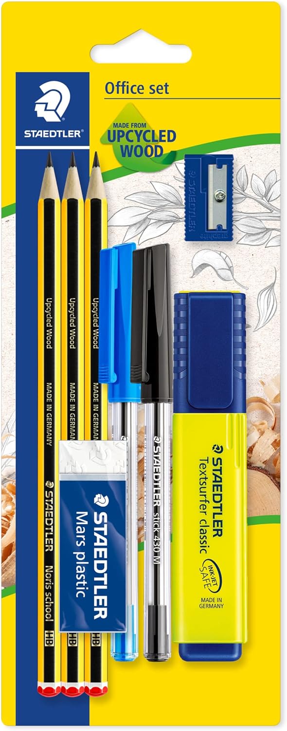 STAEDTLER 60 BK-4 Noris Office Set – Assorted Stationery Pack with 3 Graphite Pencils, 2 Pens, Highlighter, Eraser & Sharpener