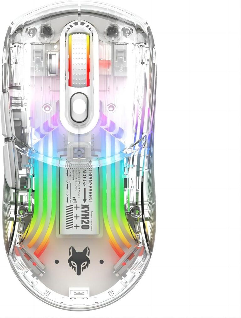 Mengshen Transparent Wireless Gaming Mice, Rechargeable Mouse with 5 Level DPI Colorful RGB Backlit Silent Click Ergonomic for PC Computer Gaming Esports Gamer Office (White)
