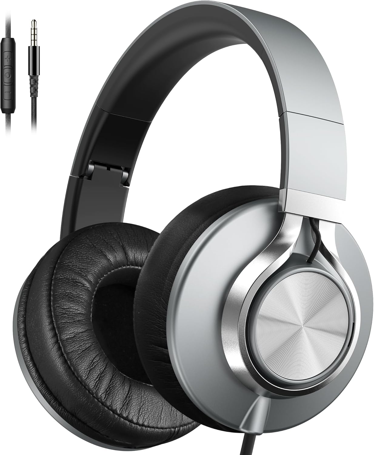 Ailihen Wired Headphones with Microphone and Volume Control, Over-Ear Foldable Corded Stereo Headsets for Teens Adults 3.5mm for Computers, Chromebooks, Tablets (Grey)