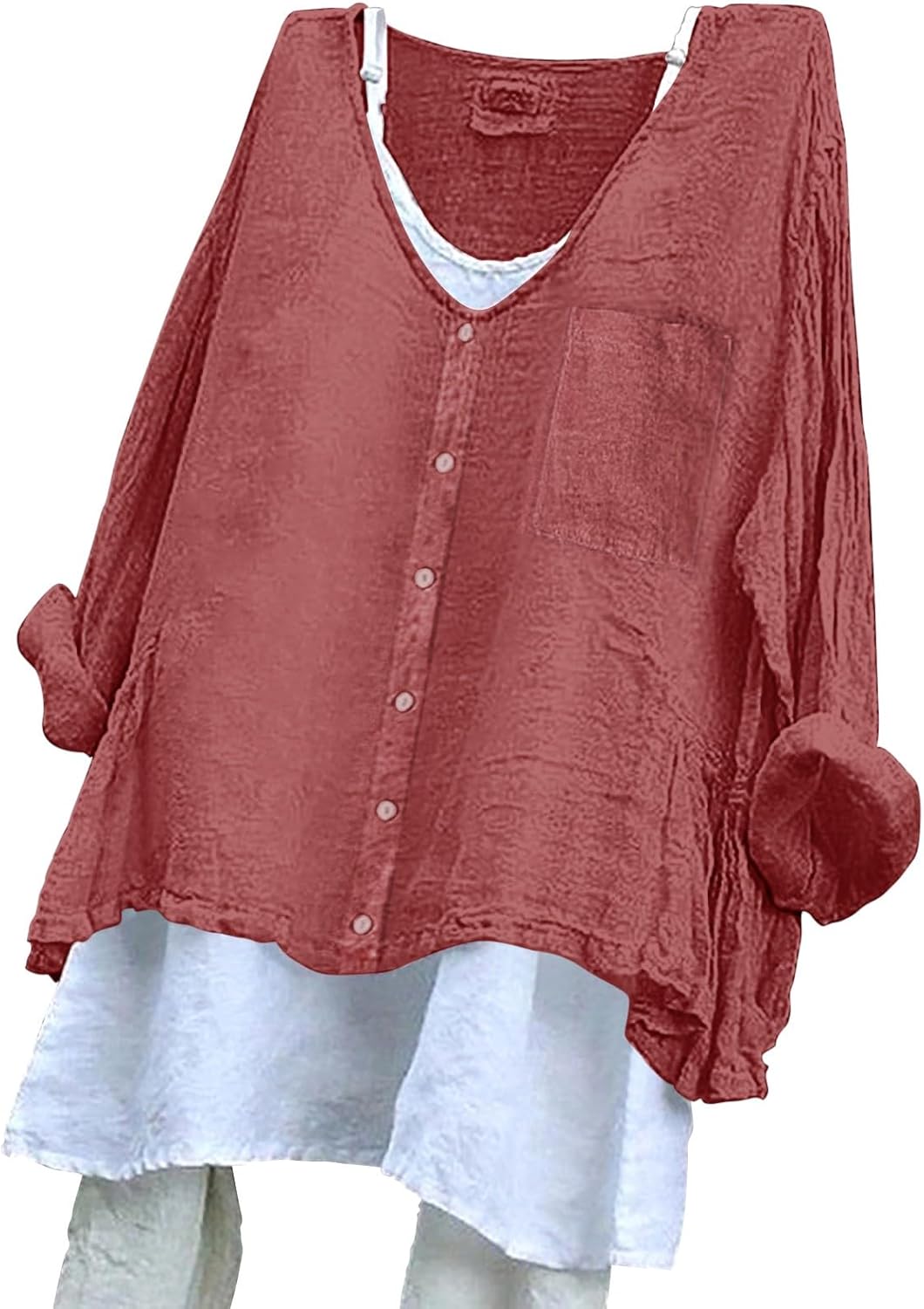 Yinguo Women’s Solid Color Loose Plus Size Long Cotton Texture Dress Shirt Button Tunic Top Women