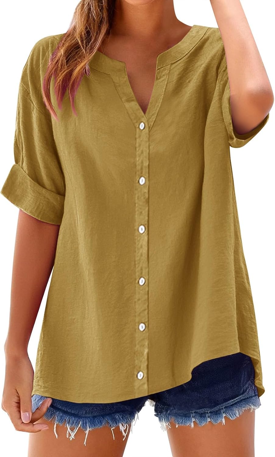 Yinguo Loose Shirt Top Stand Solid Color Sleeve Collar Casual Women’s Shirt Women’s Womens T V Neck