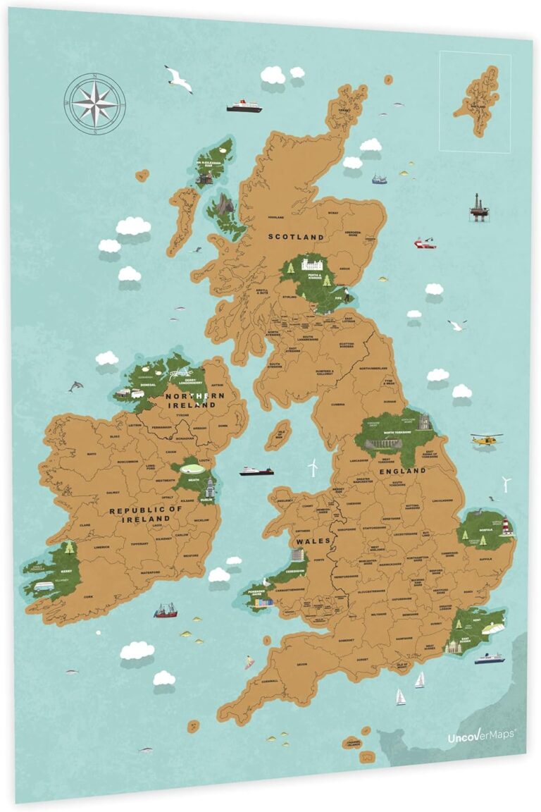 Scratch Off Map UK and Ireland A2 Travel Planner Poster with Illustrated Landmarks by Uncover Maps – Unique Camper Van Accessory, Classroom Map or Wall Art Gift